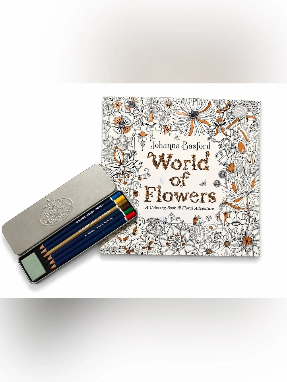 NWOT Johanna Basford World of Flowers Coloring Book +Royal Langnickel Pencil Set